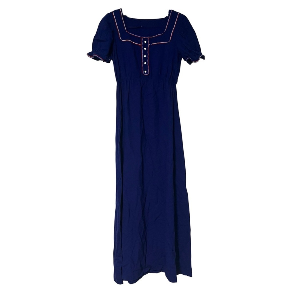 vintage 70’s Navy blue square neckline Maxi Dress with Button Detail